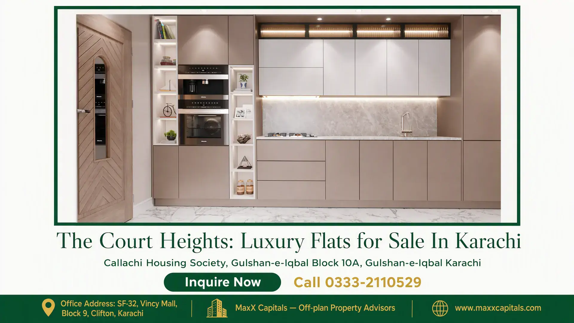 The Court Heights: Luxury Flats for Sale In Karachi Modern kitchen in The Court Heights luxury flats in Karachi featuring sleek cabinetry, built-in appliances, marble backsplash