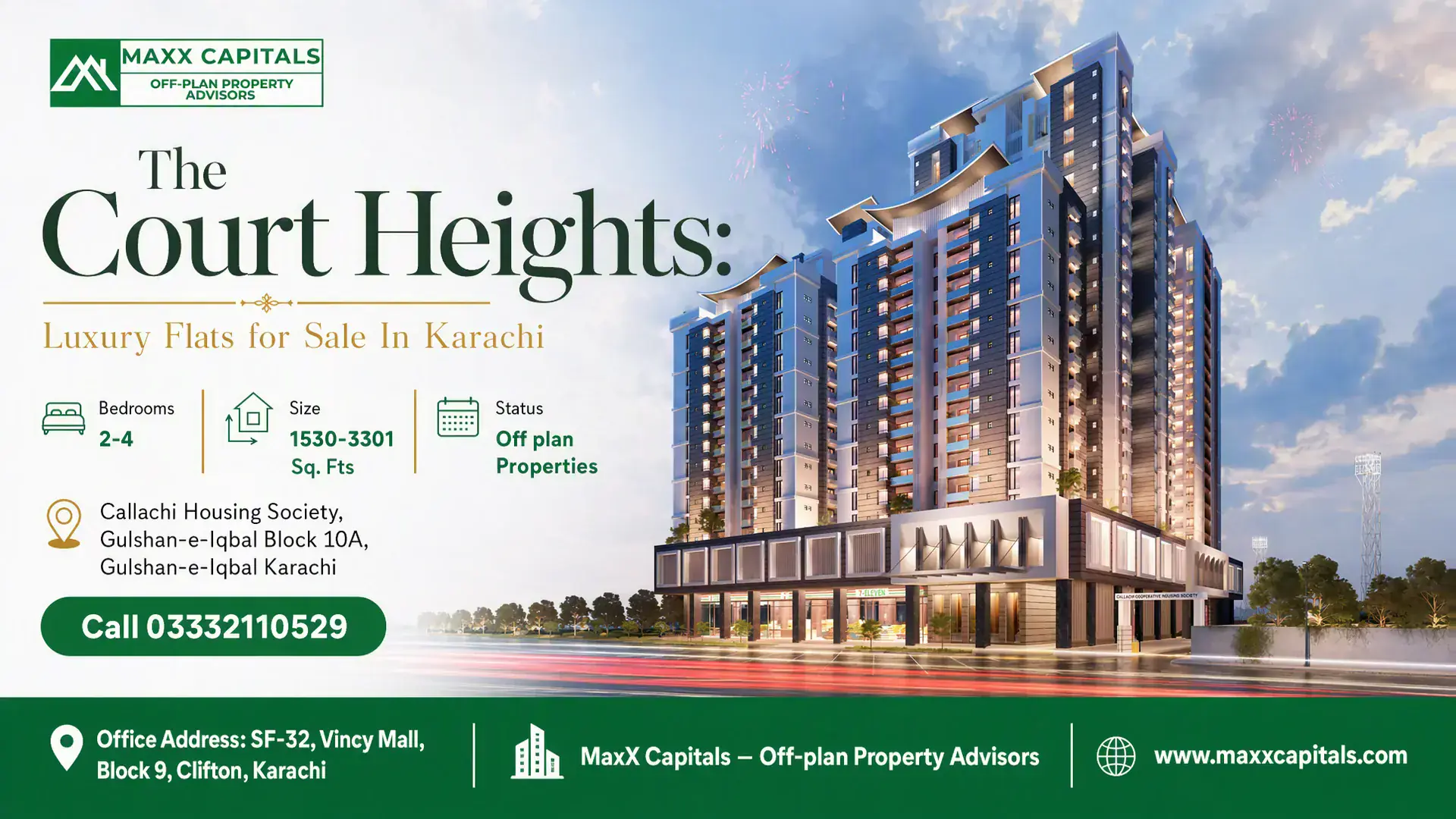 The Court Heights: Luxury Flats for Sale In Karachi Nighttime view of The Court Heights luxury residential complex in Karachi with modern architecture and illuminated balconies.