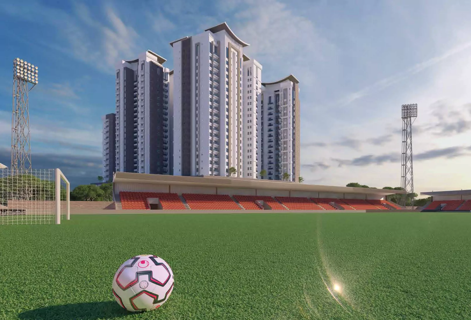 Flats & Penthouse for Sale & Rent in The Court Heights, Karachi The Court Heights modern high-rise towers in Karachi overlooking soccer stadium with green field, goalposts, red stands, floo