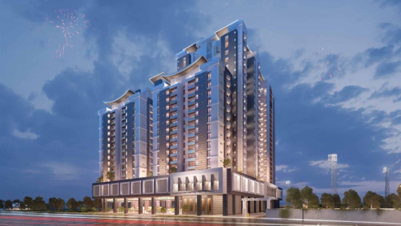 The Court Heights Luxury Flats In Karachi: Multi-Tower Modern Building At Dusk With Fireworks, Trees, And Lit Base