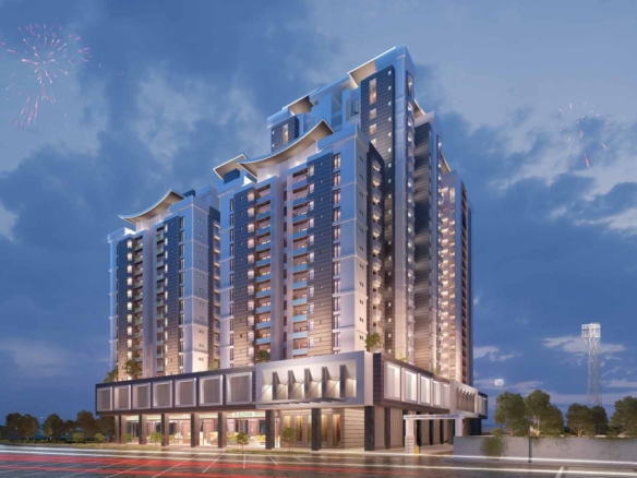 The Court Heights Luxury Flats In Karachi: Multi-Tower Modern Building At Dusk With Fireworks, Trees, And Lit Base