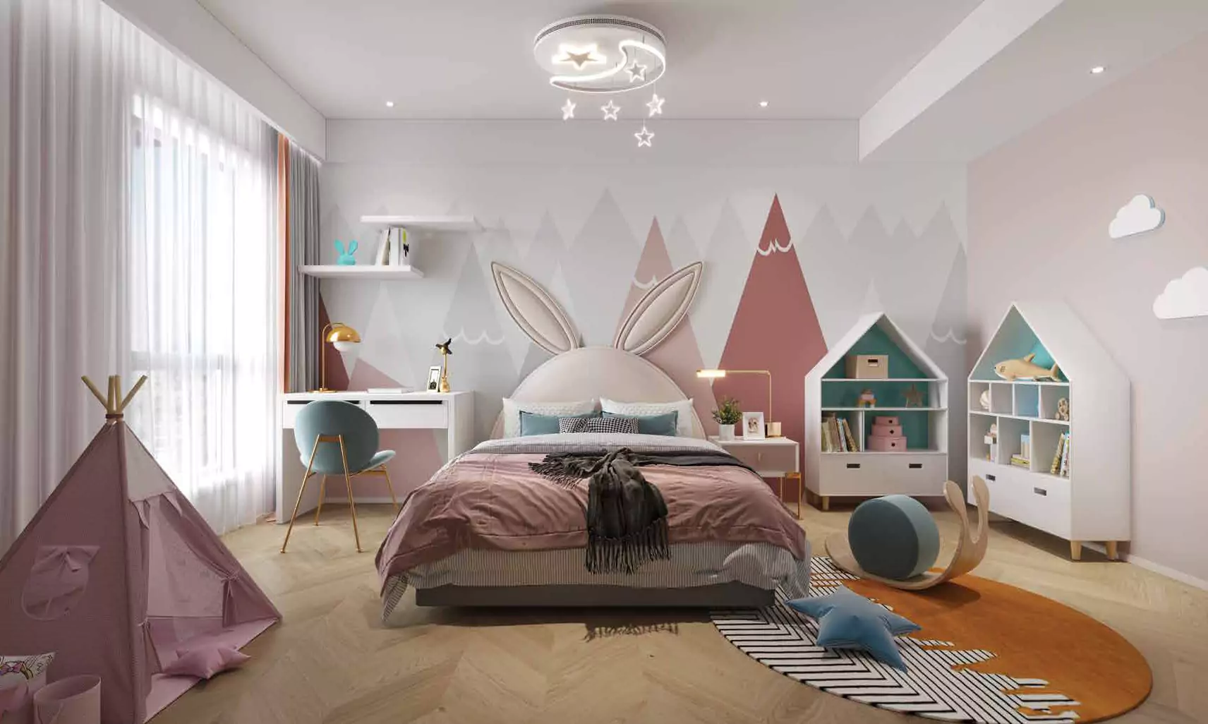 The Court Heights Bedrooms Design Luxury Flats for Sale In Karachi Whimsical children's bedroom in The Court Heights luxury flats Karachi with pink bed desk chair teepee bookshelves and mounta