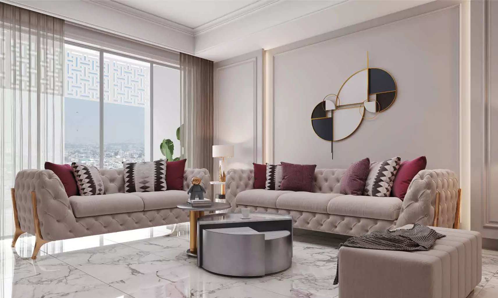 The Court Heights Drawing Room Design Luxury Flats for Sale In Karachi Elegant living room in The Court Heights luxury flats Karachi with cream L-shaped sofas gold legs maroon pillows abstract wal