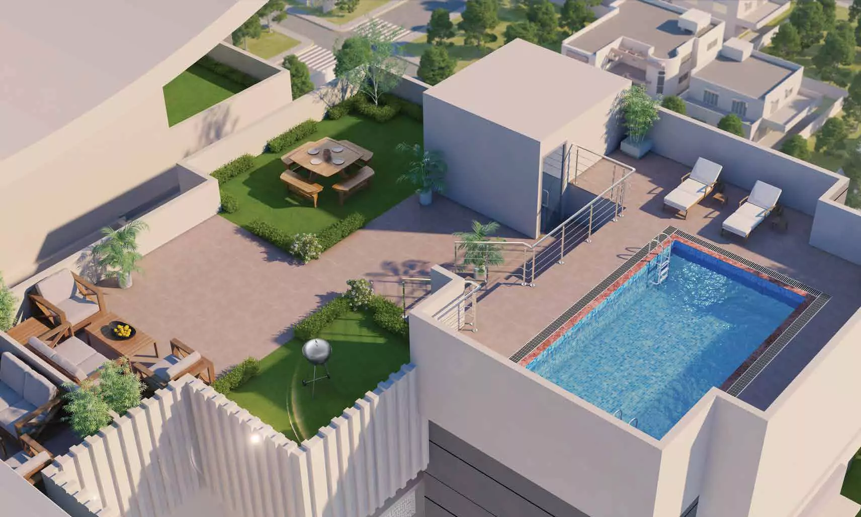 The Court Heights Karachi Amenities Luxury Flats for Sale In Karachi Rooftop swimming pool, sun loungers, lounge seating, picnic table, and landscaped greenery at The Court Heights luxury flats