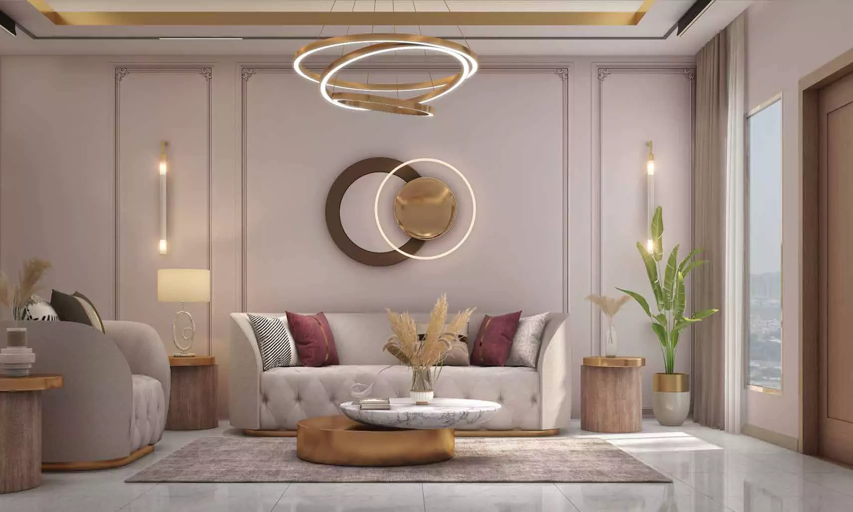 The Court Heights Karachi Lounge design Luxury Flats for Sale In Karachi Elegant living room in The Court Heights luxury flats Karachi with beige sectional sofa armchairs gold coffee table circular