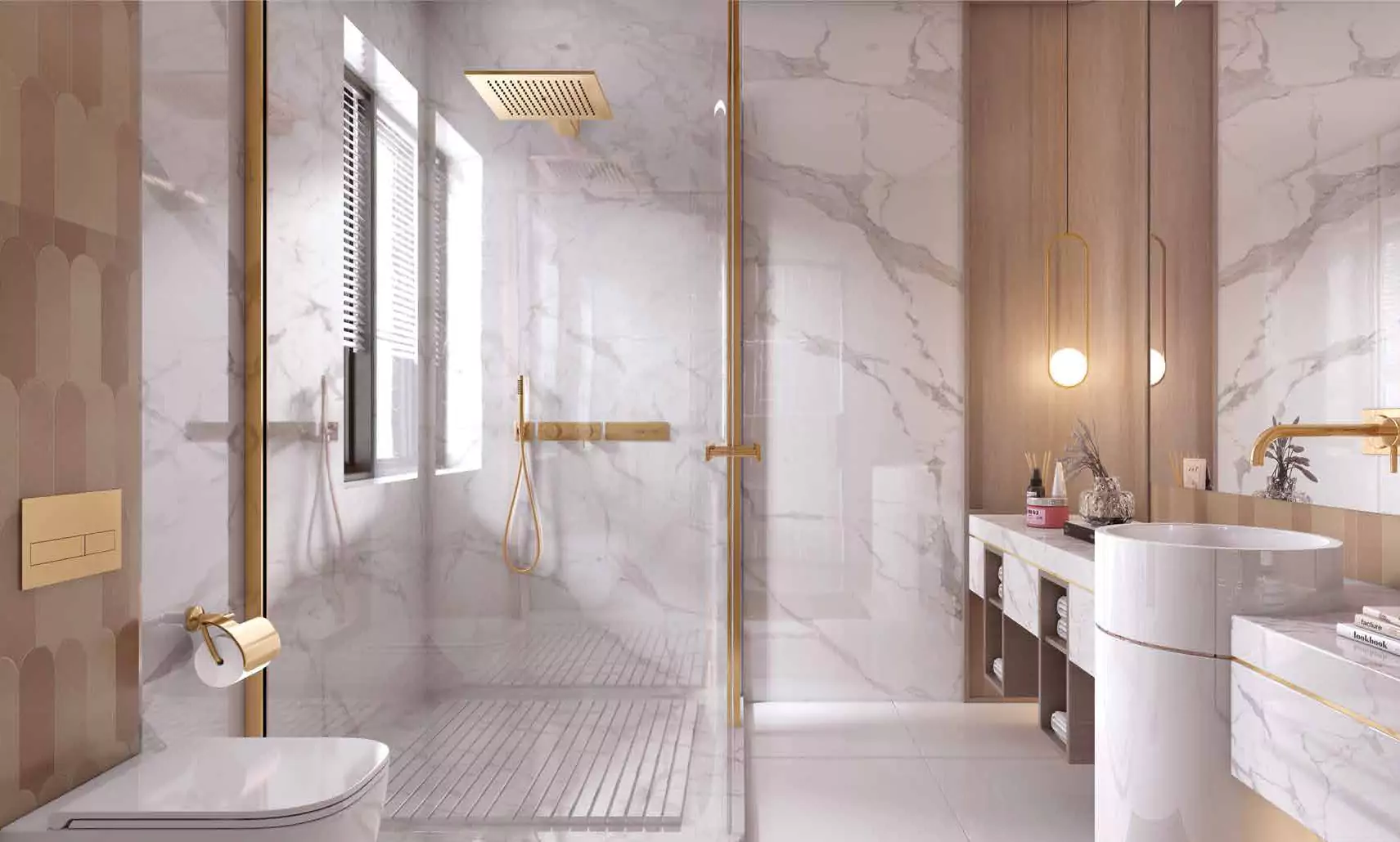 The Court Heights Karachi Modern Bathroom Design Luxury Flats for Sale In Karachi Luxury bathroom in The Court Heights Karachi flats with white marble walls, gold fixtures, frameless glass shower, freestandi