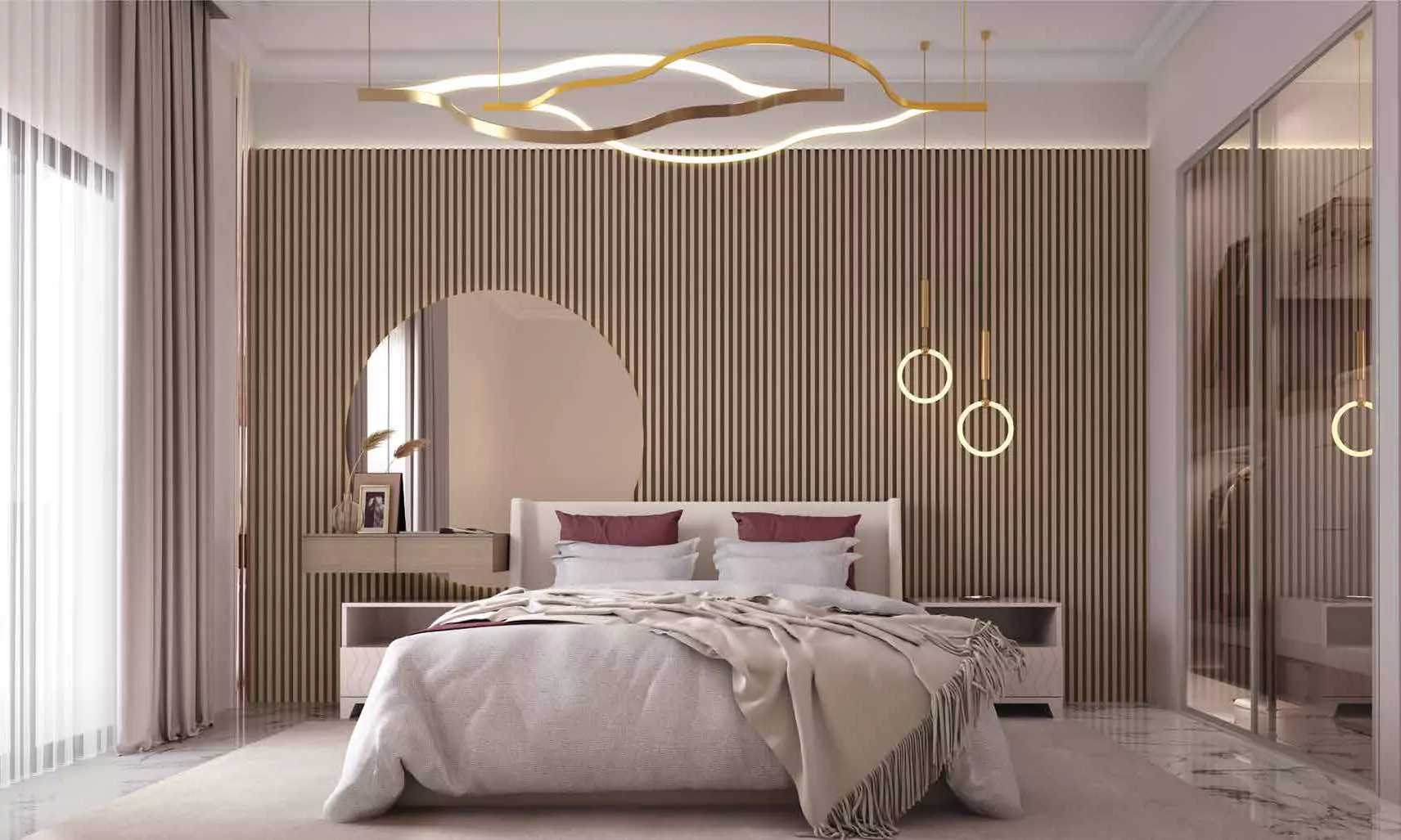 The Court Heights Karachi Modern Bedrooms Design Luxury Flats for Sale In Karachi Luxury bedroom in The Court Heights Karachi flats with king bed, neon curved lights, slat wall, round mirror, floor-to-ceilin