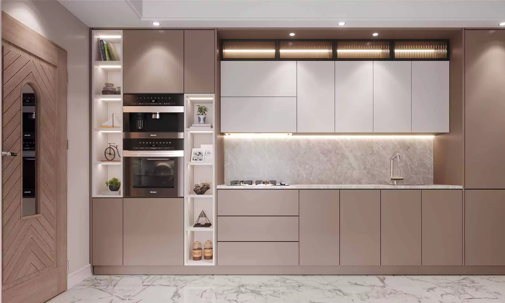 The Court Heights Karachi Modern Kitchen Design Luxury Flats for Sale In Karachi Modern kitchen in The Court Heights luxury flats Karachi with beige and white cabinets, marble backsplash and floor, built-in