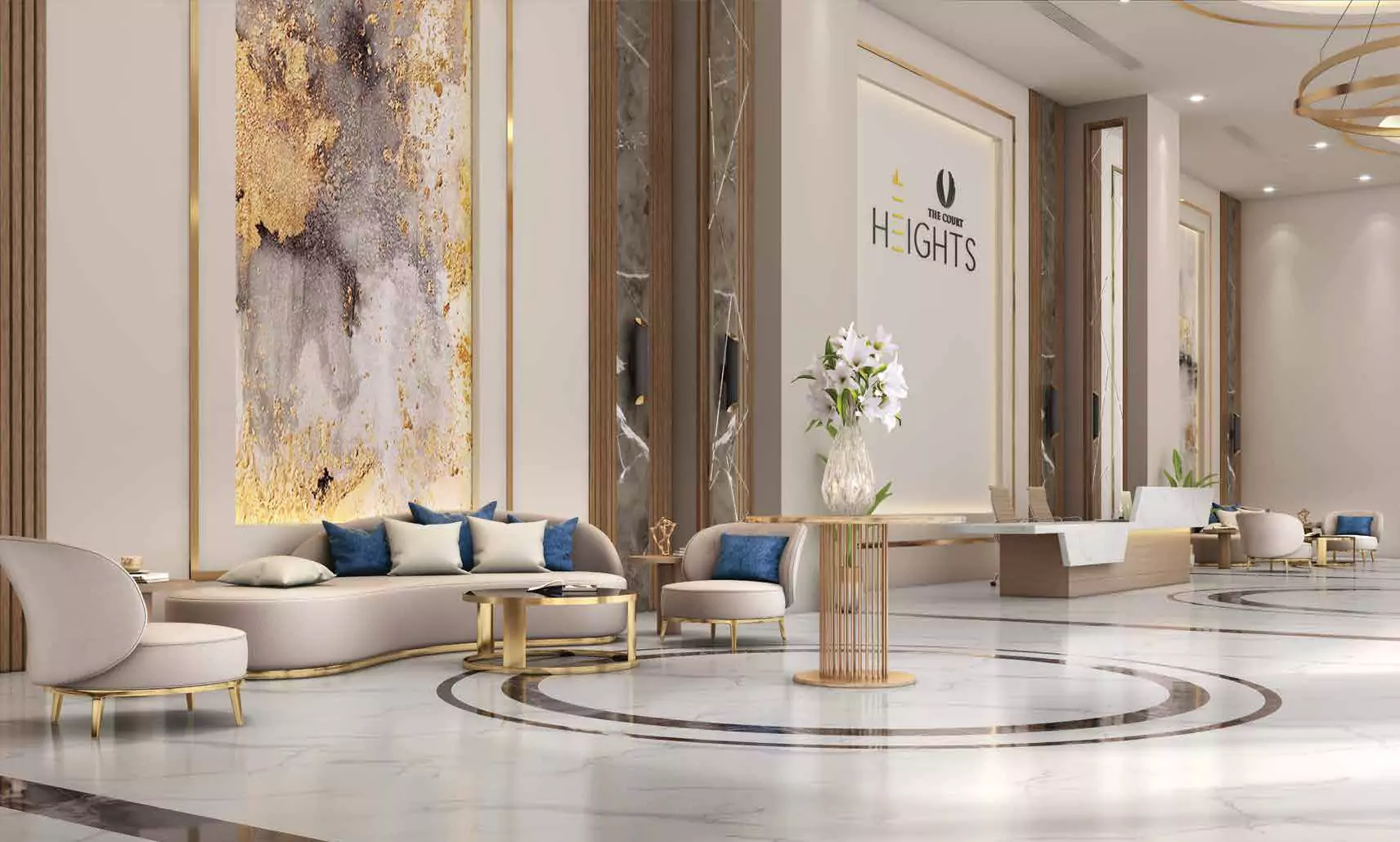 The Court Heights Karachi Reception Lobby Luxury Flats for Sale In Karachi Elegant lobby of The Court Heights luxury flats in Karachi with curved beige sofas, blue cushions, gold tables, reception des