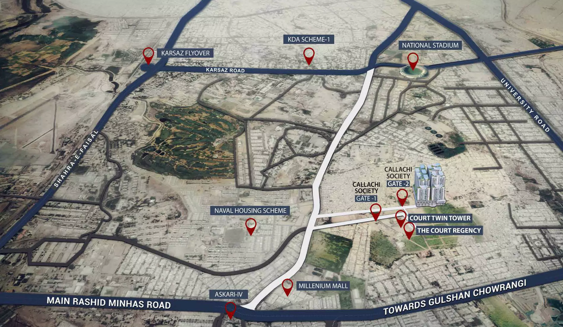 The Court Heights Location Map Luxury Flats for Sale In Karachi Map of The Court Heights luxury flats site in Karachi, highlighting twin towers and nearby landmarks like National Stadium, E