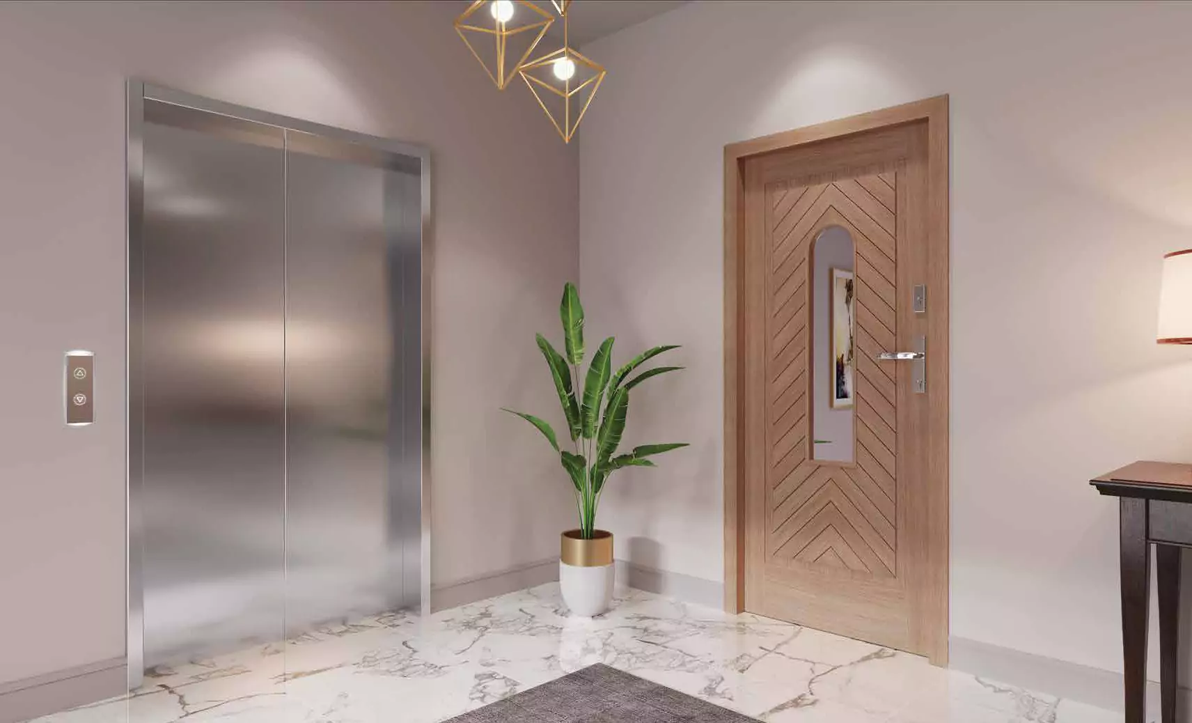 The Court Heights Private Lift Access Luxury Flats for Sale In Karachi Sleek elevator doors, wooden entry door with chevron pattern, potted plant, pendant lights in The Court Heights luxury flats,