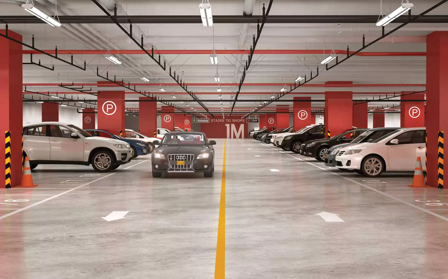 The Court Heights Secured Car Parking Luxury Flats for Sale In Karachi Spacious underground parking garage at The Court Heights luxury flats in Karachi with red pillars, parked cars, central drivi