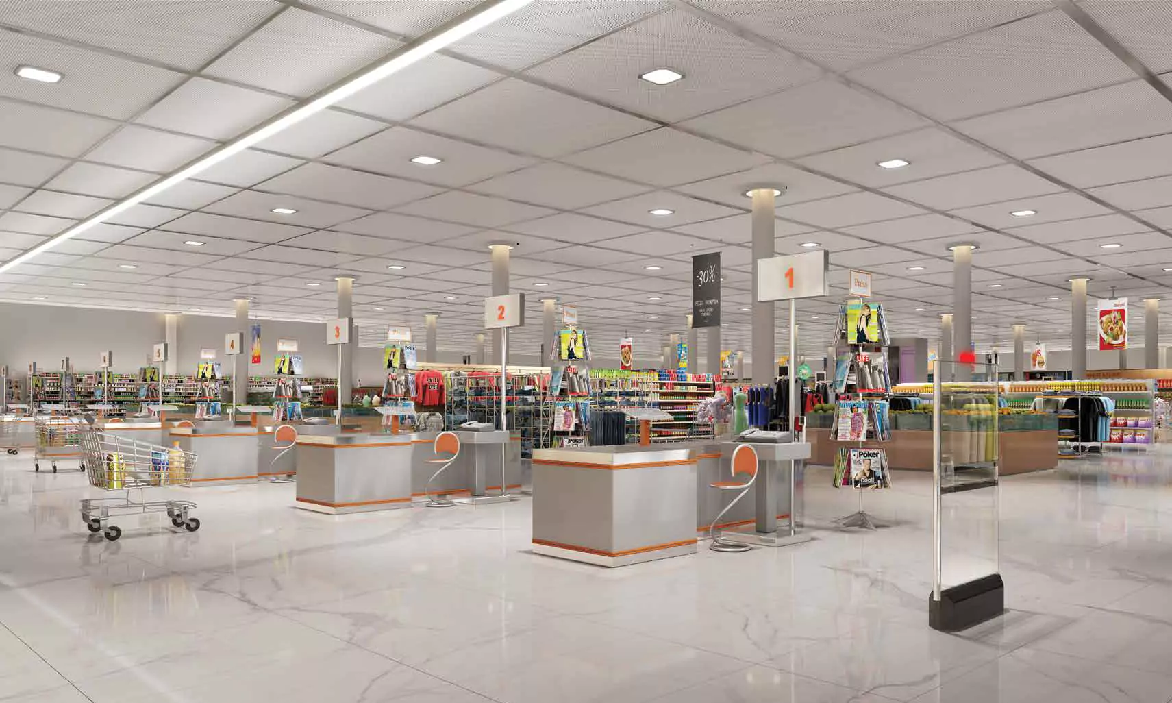 The Court Heights Super Market Luxury Flats for Sale In Karachi Spacious supermarket interior at The Court Heights in Karachi with checkout counters, stocked shelves of clothes, books, groc
