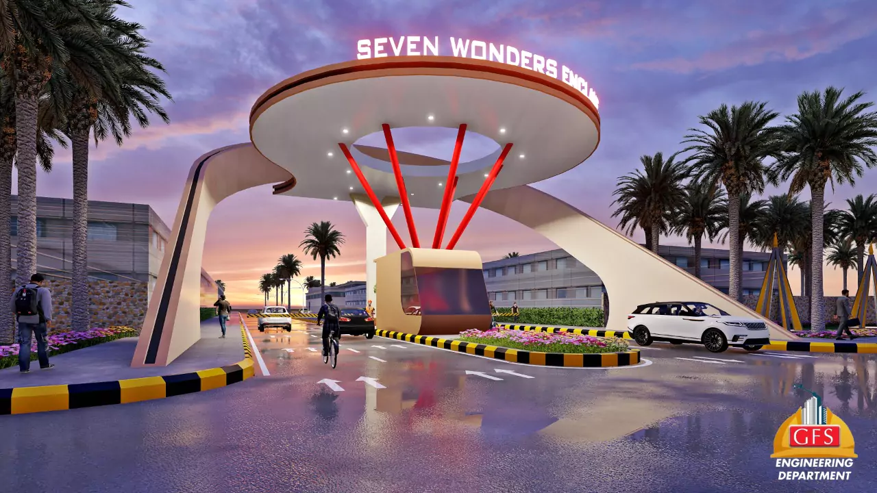 Seven Wonders Enclave Prime 120 yd Plot for Sale in Karachi (3) Grand entrance gate of Seven Wonders Enclave in Karachi with illuminated signage, palm trees, curved archway, road barriers,