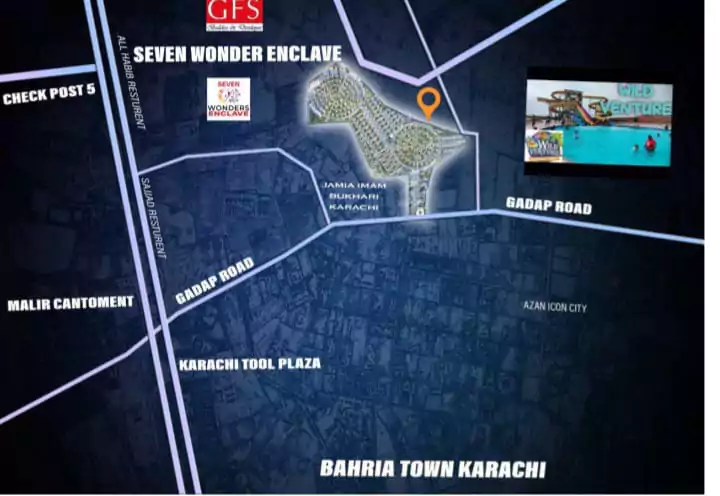 Seven Wonders Enclave Prime 120 yd Plot for Sale in Karachi (4) Map of Seven Wonders Enclave on Badar Road in Karachi, highlighting plot area near Bahria Town, Malir Cantt, and Azan City