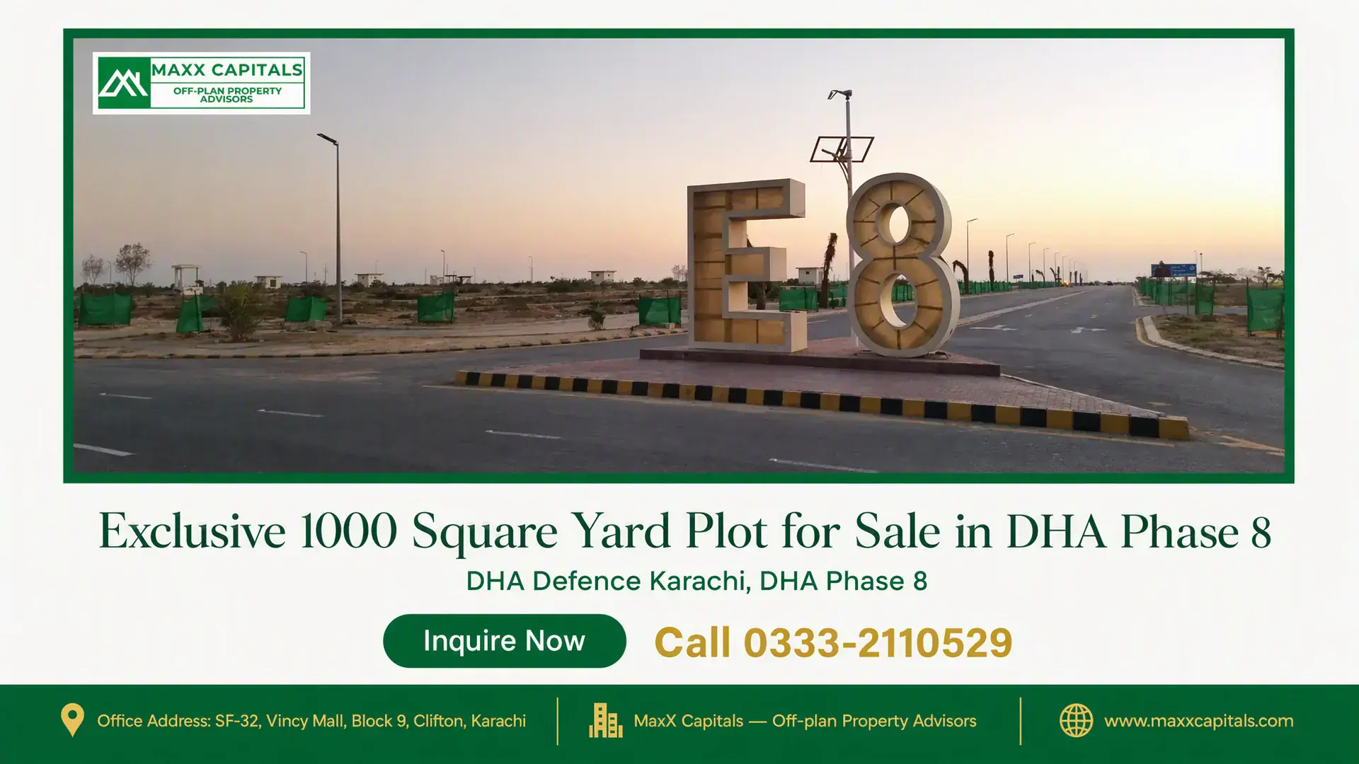 Exclusive 1000 Square Yard Plot for Sale in DHA Phase 8 Prominent E8 signage with paved roads and open plots in DHA Phase 8, ideal for a 1000 square yard plot for sale.