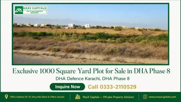 Expansive 1000 square yard plot in DHA Phase 8 with natural vegetation and nearby modern residences under a clear blue sky.