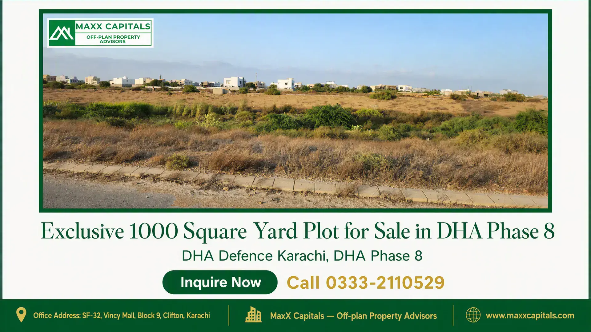 Exclusive 1000 Square Yard Plot for Sale in DHA Phase 8 Expansive 1000 square yard plot in DHA Phase 8 with natural vegetation and nearby modern residences under a clear blue sky.
