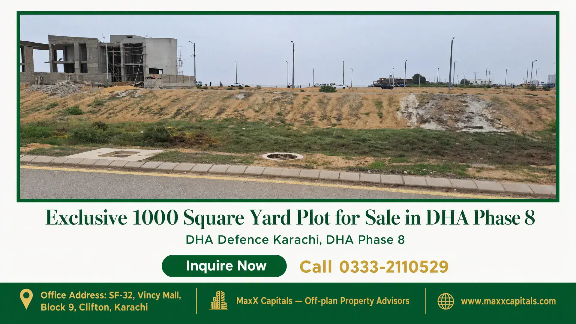Exclusive 1000 Square Yard Plot for Sale in DHA Phase 8 1000 square yard vacant plot with partial construction, located along a paved roadway in DHA Phase 8 Karachi.