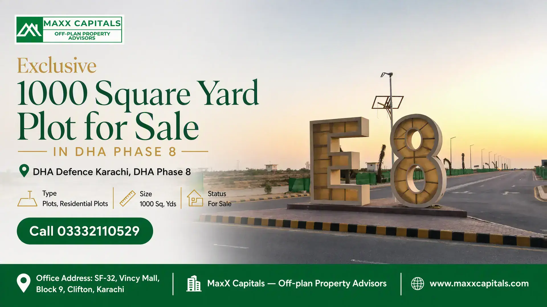Exclusive 1000 Square Yard Plot for Sale in DHA Phase 8 Iconic E8 signage in DHA Phase 8 Karachi with a landscaped road, palm trees, and clear skies symbolizing premium plots.