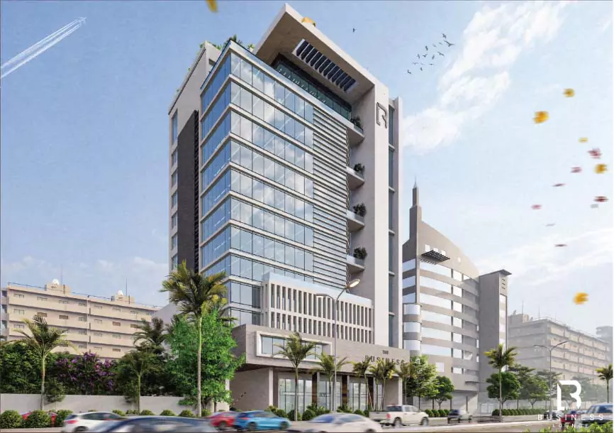 Prime Commercial Spaces for Sale in Gulshan-e-Iqbal, Karachi The Business Lounge (1) Modern multi-story The Business Lounge commercial office building with glass facade, balconies, palm trees, and urban street