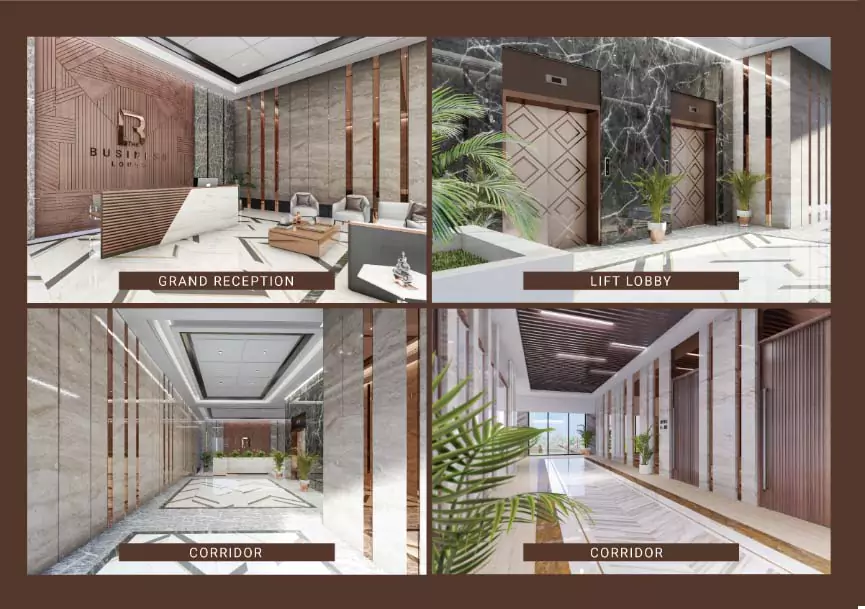 Prime Commercial Spaces for Sale in Gulshan-e-Iqbal, Karachi The Business Lounge (3) Grand reception with modern desk and seating, lift lobby with marble elevators, and sleek corridors in The Business Lounge co