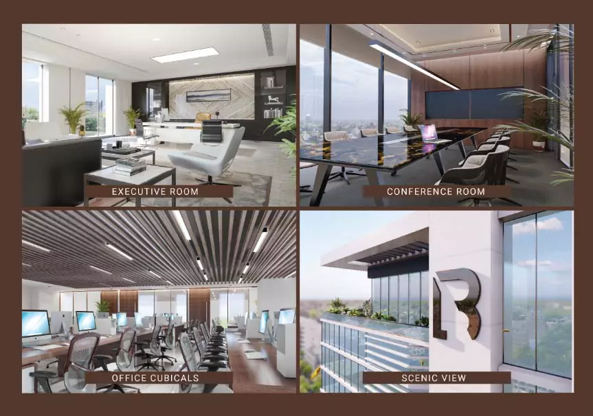 Prime Commercial Spaces for Sale in Gulshan-e-Iqbal, Karachi The Business Lounge (4) Executive room with modern desk and seating, conference room with long table, office cubicles, scenic city view in The Busine