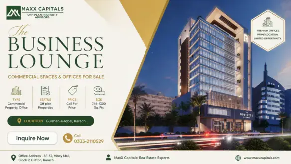 The Business Lounge Commercial Office Tower At Dusk, Modern Glass Facade, Gulshan-E-Iqbal Karachi