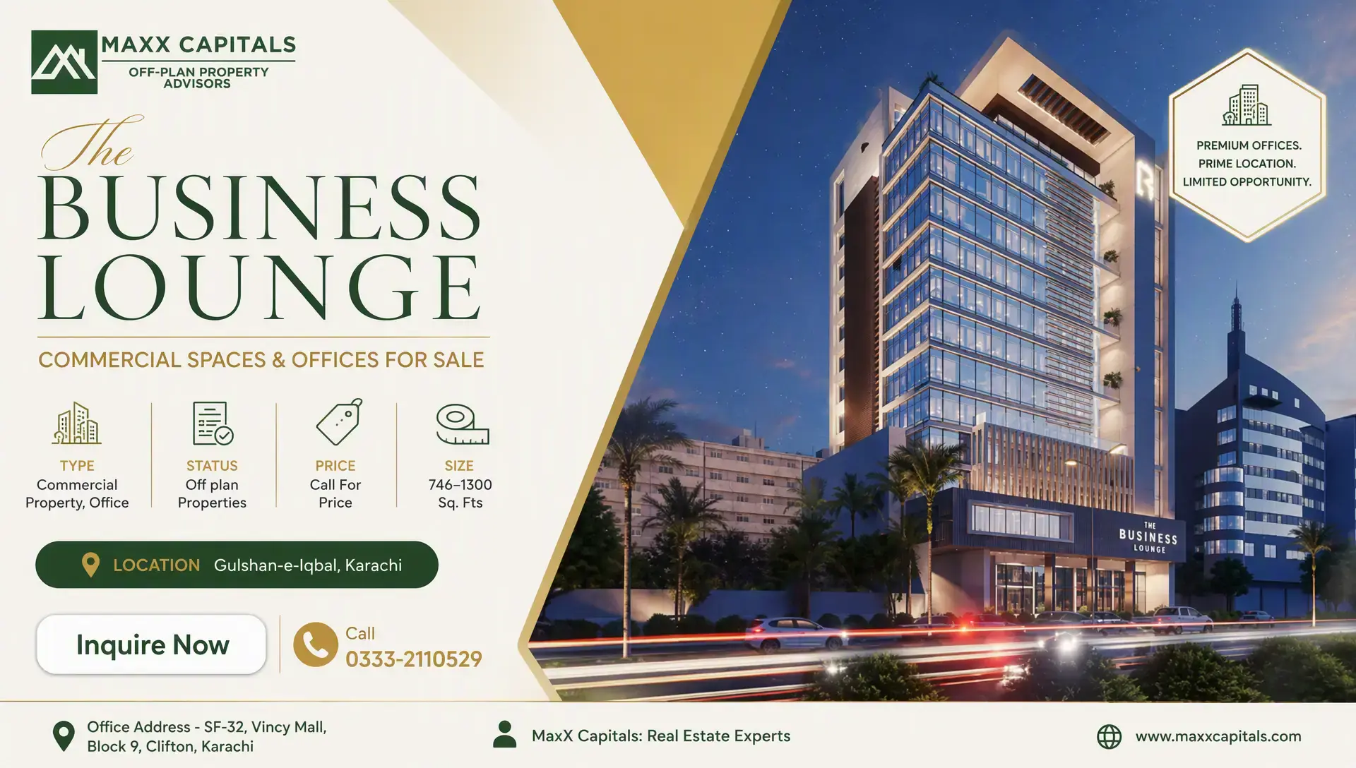 The Business Lounge Offices for Sale in Gulshan-e-Iqbal, Karachi The Business Lounge commercial office tower at dusk, modern glass facade, Gulshan-e-Iqbal Karachi