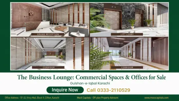 The Business Lounge reception, lift lobby and corridor interiors with marble finishes, wood accents and modern lighting
