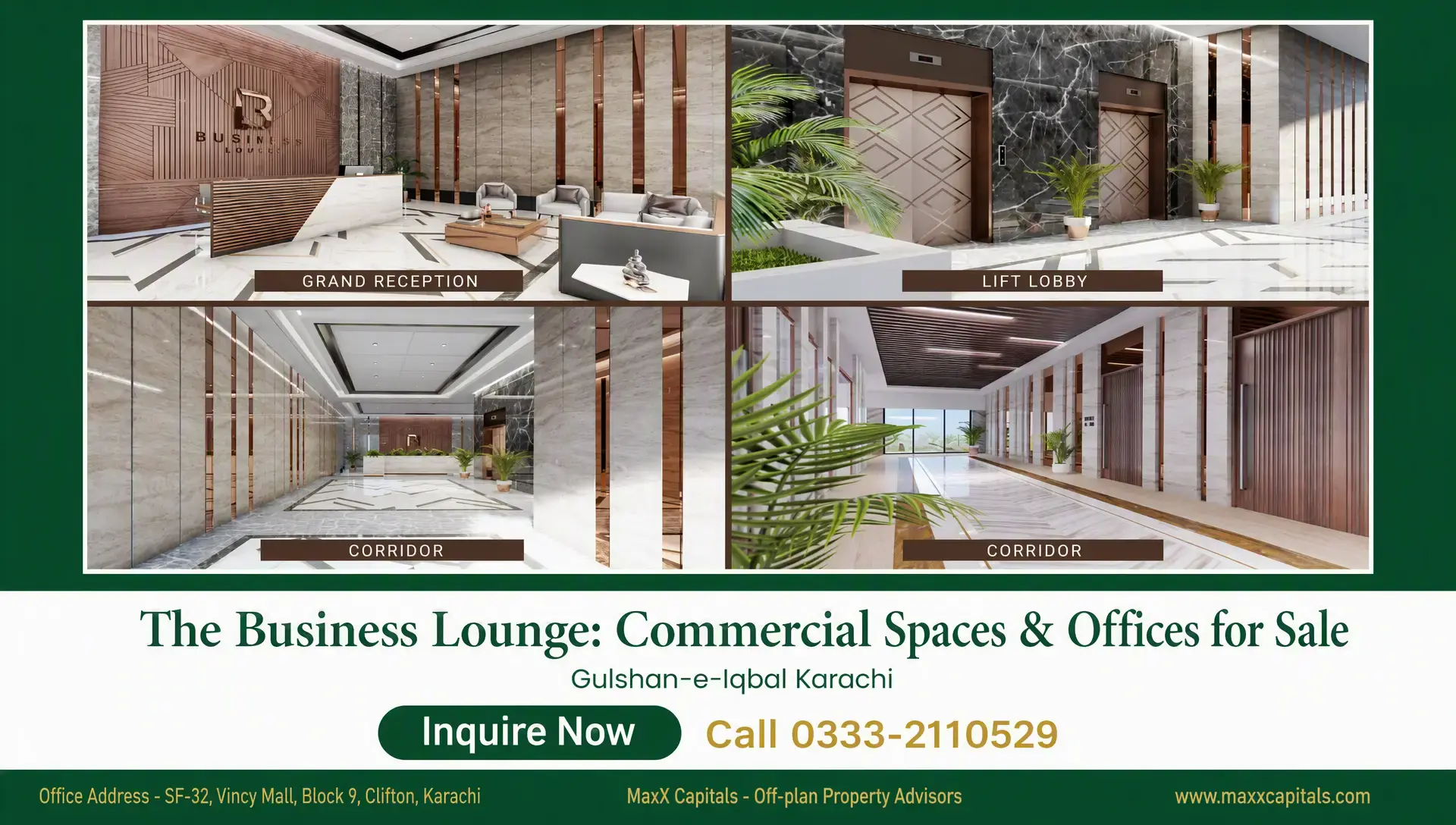 The Business Lounge Offices for Sale in Gulshan-e-Iqbal, Karachi The Business Lounge reception, lift lobby and corridor interiors with marble finishes, wood accents and modern lighting