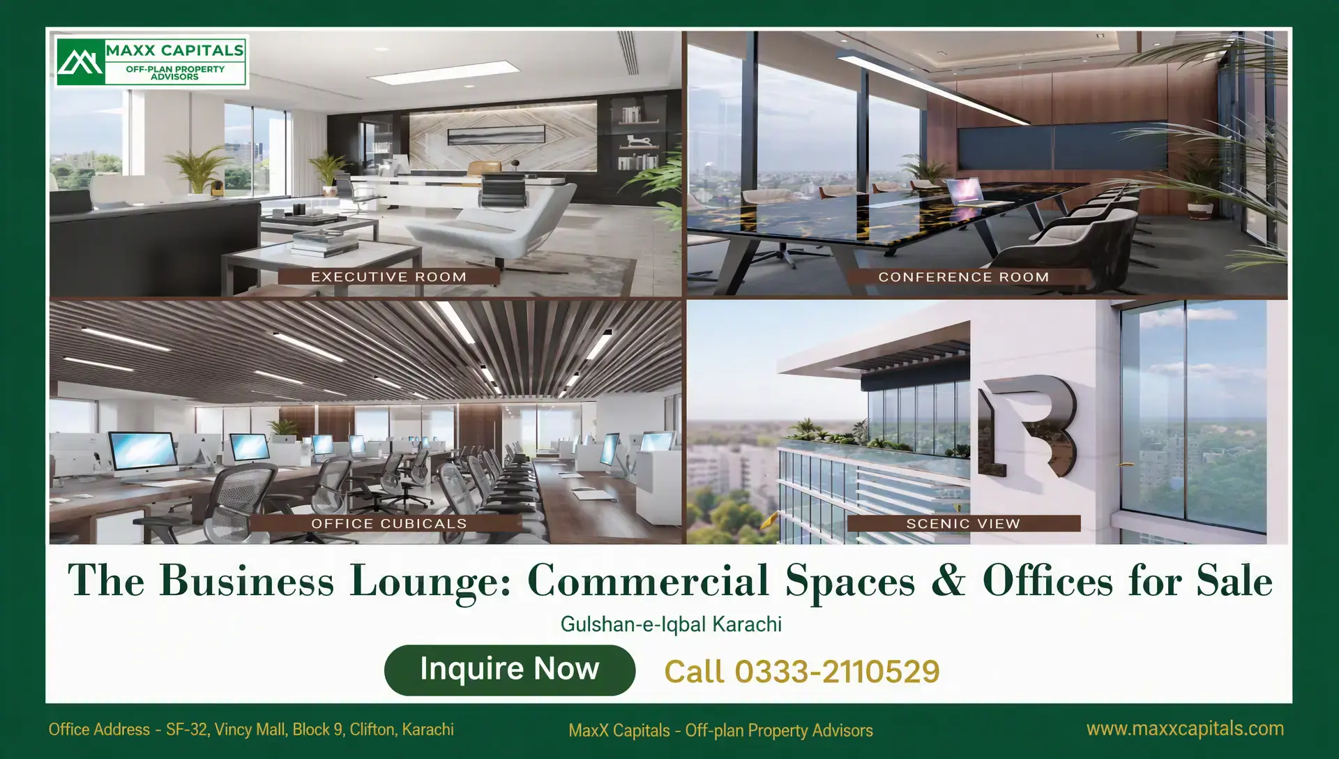 The Business Lounge Offices for Sale in Gulshan-e-Iqbal, Karachi The Business Lounge executive room, conference room and office cubicles with glass facades and city views
