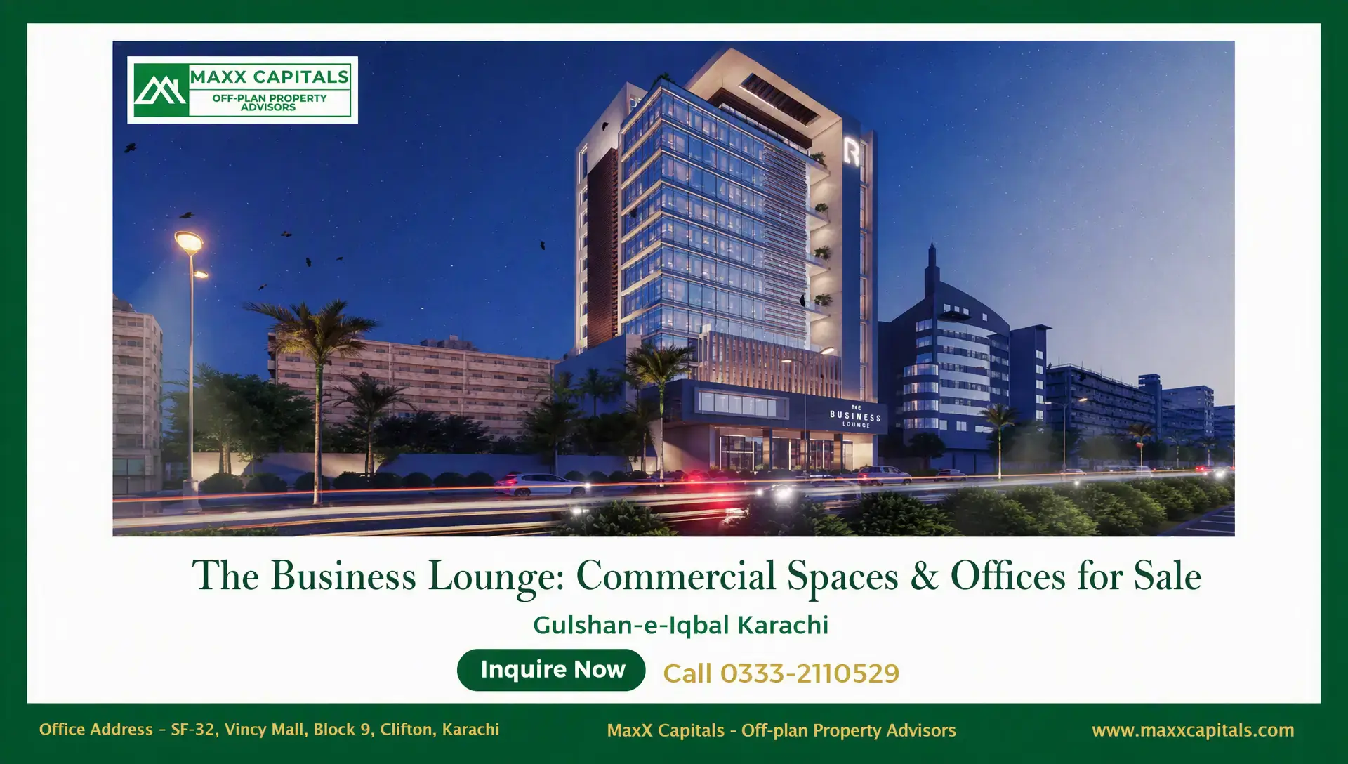 The Business Lounge Offices for Sale in Gulshan-e-Iqbal, Karachi The Business Lounge tower with glass offices and illuminated facade in Gulshan-e-Iqbal, Karachi