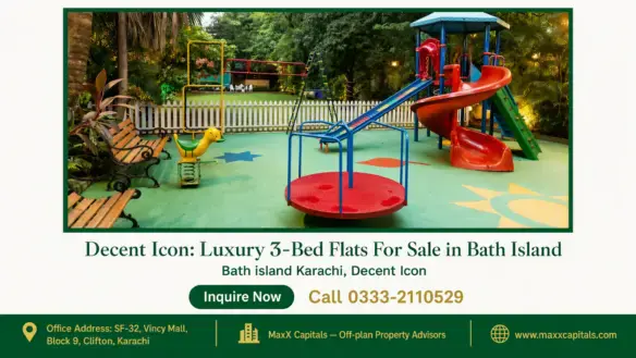 Children's playground with colorful slides, swings, benches, and lush greenery at Decent Icon flats in Bath Island.