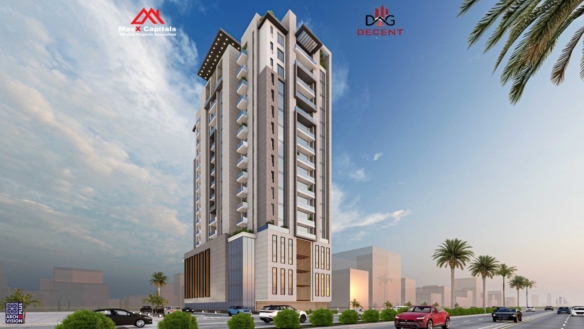 Decent Icon Luxury High-Rise With 3-Bed Flats In Bath Island, Modern Facade, Balconies, Palm Trees, Street View
