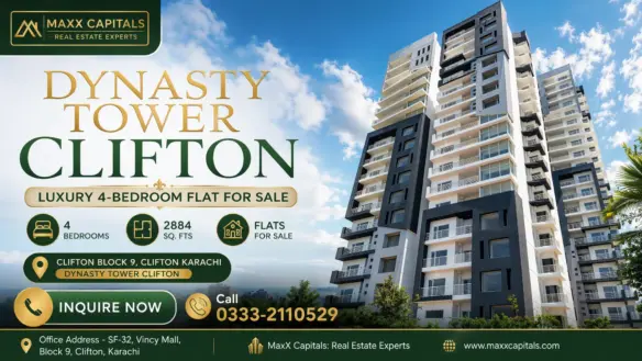 Dynasty Tower Clifton High-Rise Apartment Building In Clifton, Karachi, With Modern Balconies And Glass Facade