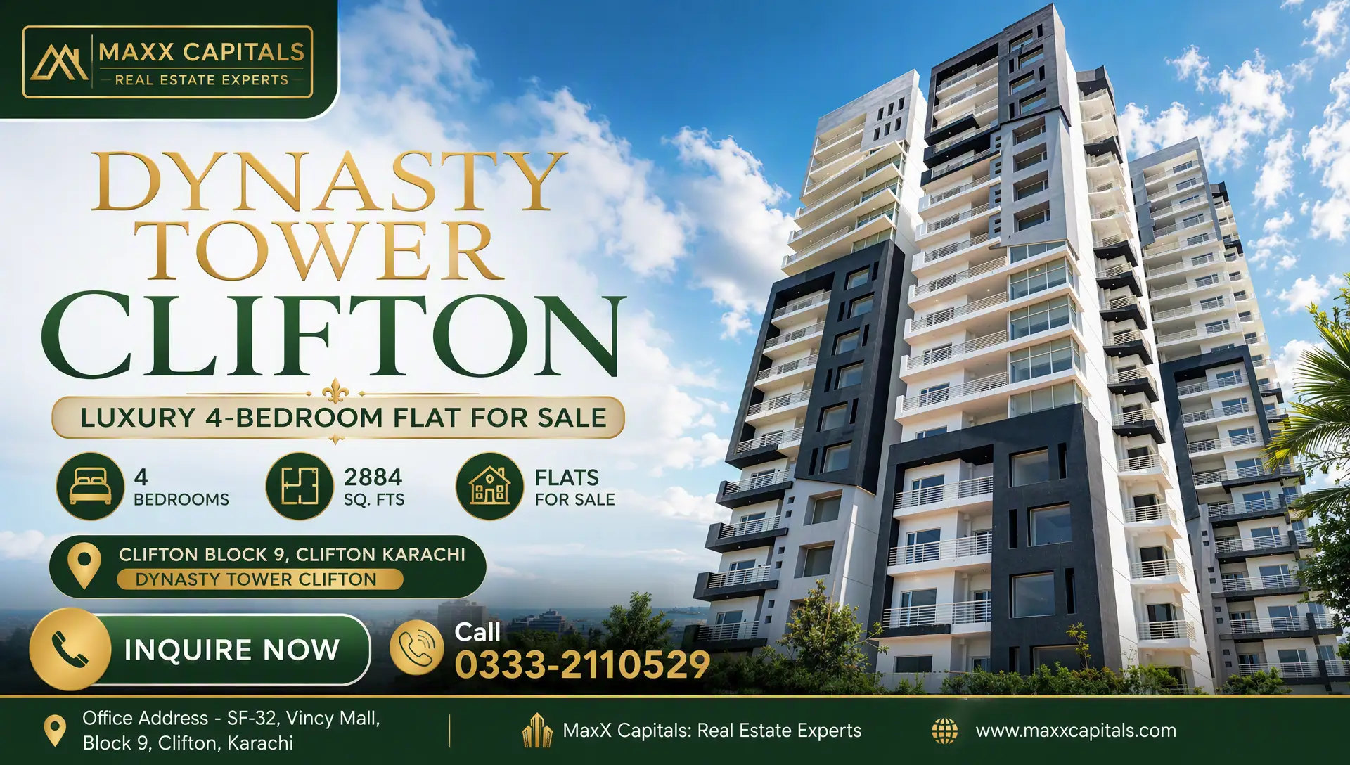 Dynasty Tower Clifton Luxury 4-Bedroom Flat for Sale (1) Dynasty Tower Clifton high-rise apartment building in Clifton, Karachi, with modern balconies and glass facade