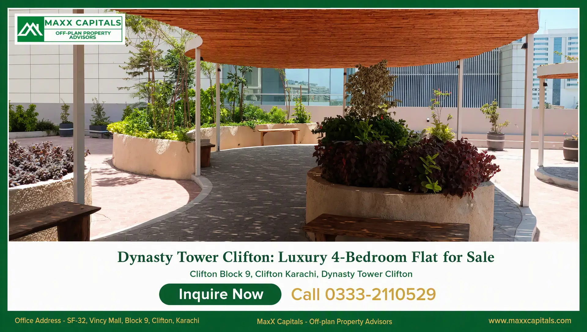 Dynasty Tower Clifton Luxury 4-Bedroom Flat for Sale (10) Landscaped rooftop terrace with planters and seating at Dynasty Tower Clifton, Karachi