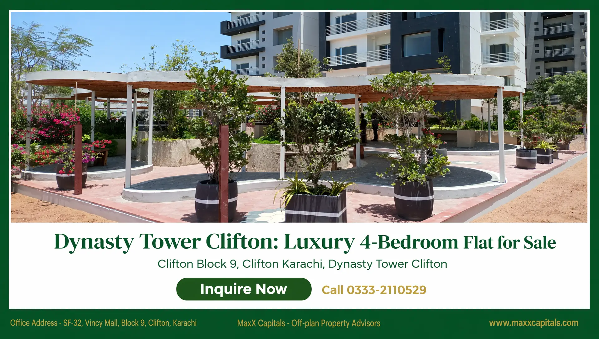 Dynasty Tower Clifton Luxury 4-Bedroom Flat for Sale (2) Dynasty Tower Clifton landscaped courtyard with pergolas and modern apartment balconies