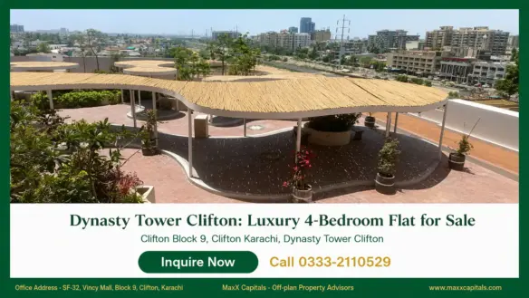 Dynasty Tower Clifton rooftop terrace with curved pergola, potted plants, and city views in Clifton Karachi