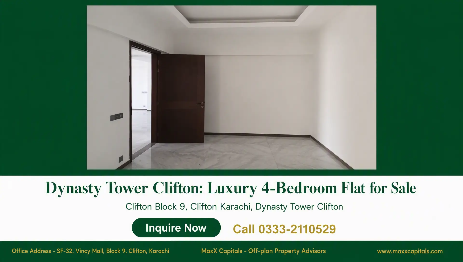 Dynasty Tower Clifton Luxury 4-Bedroom Flat for Sale (4) Empty bedroom in Dynasty Tower Clifton with white walls, marble-style floor, recessed ceiling, and open wooden door