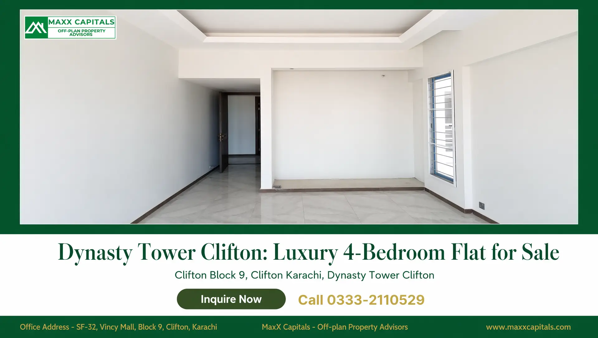 Dynasty Tower Clifton Luxury 4-Bedroom Flat for Sale (5) Empty Clifton apartment room at Dynasty Tower with tiled floor, recessed ceiling, and barred window