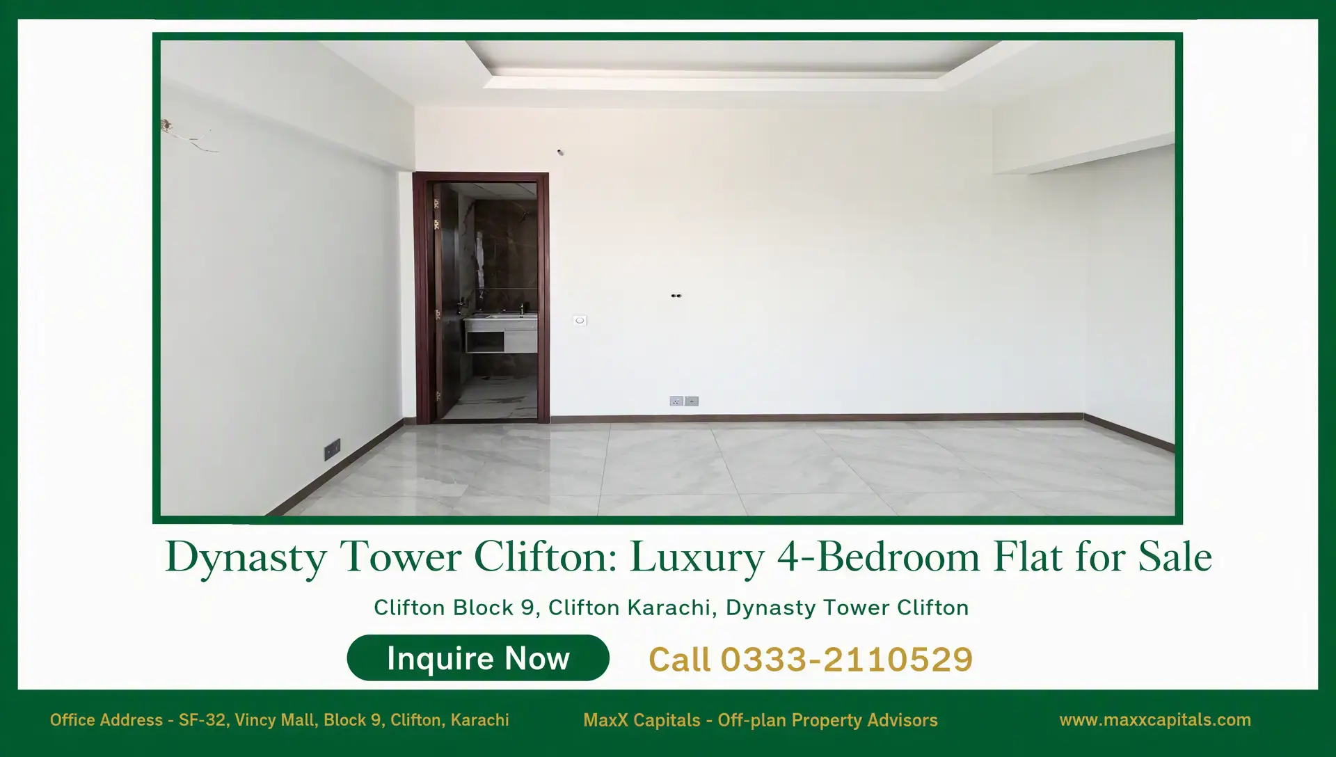 Dynasty Tower Clifton Luxury 4-Bedroom Flat for Sale (6) Empty modern room with tiled floor and ensuite doorway in Dynasty Tower Clifton, Karachi