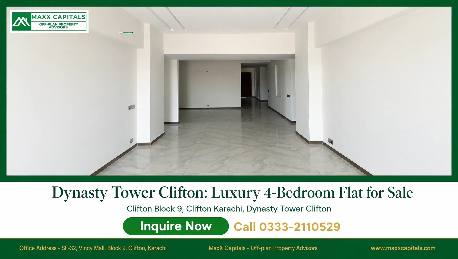 Dynasty Tower Clifton Luxury 4-Bedroom Flat for Sale (7) Empty luxury flat interior at Dynasty Tower Clifton with glossy tiled flooring and white walls