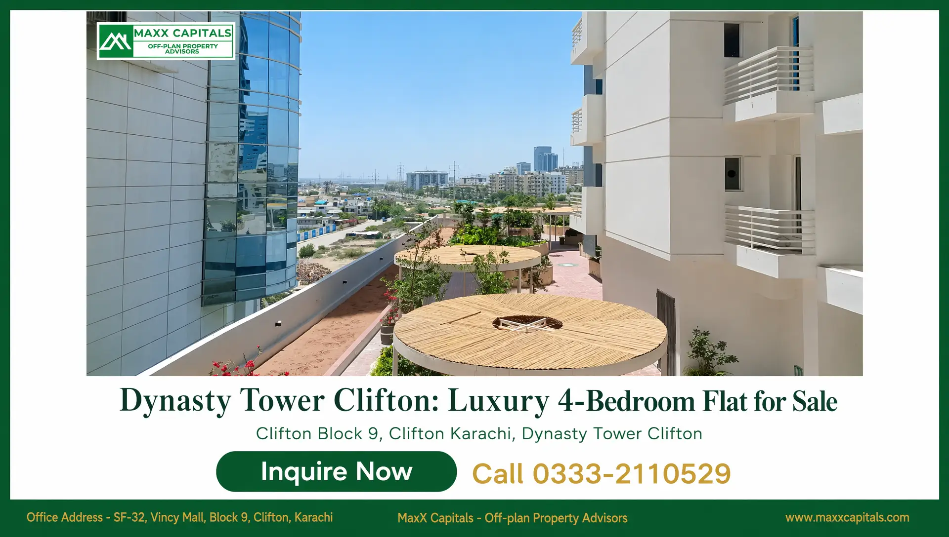Dynasty Tower Clifton Luxury 4-Bedroom Flat for Sale (8) Dynasty Tower Clifton exterior view with modern balconies, landscaped courtyard, and city skyline