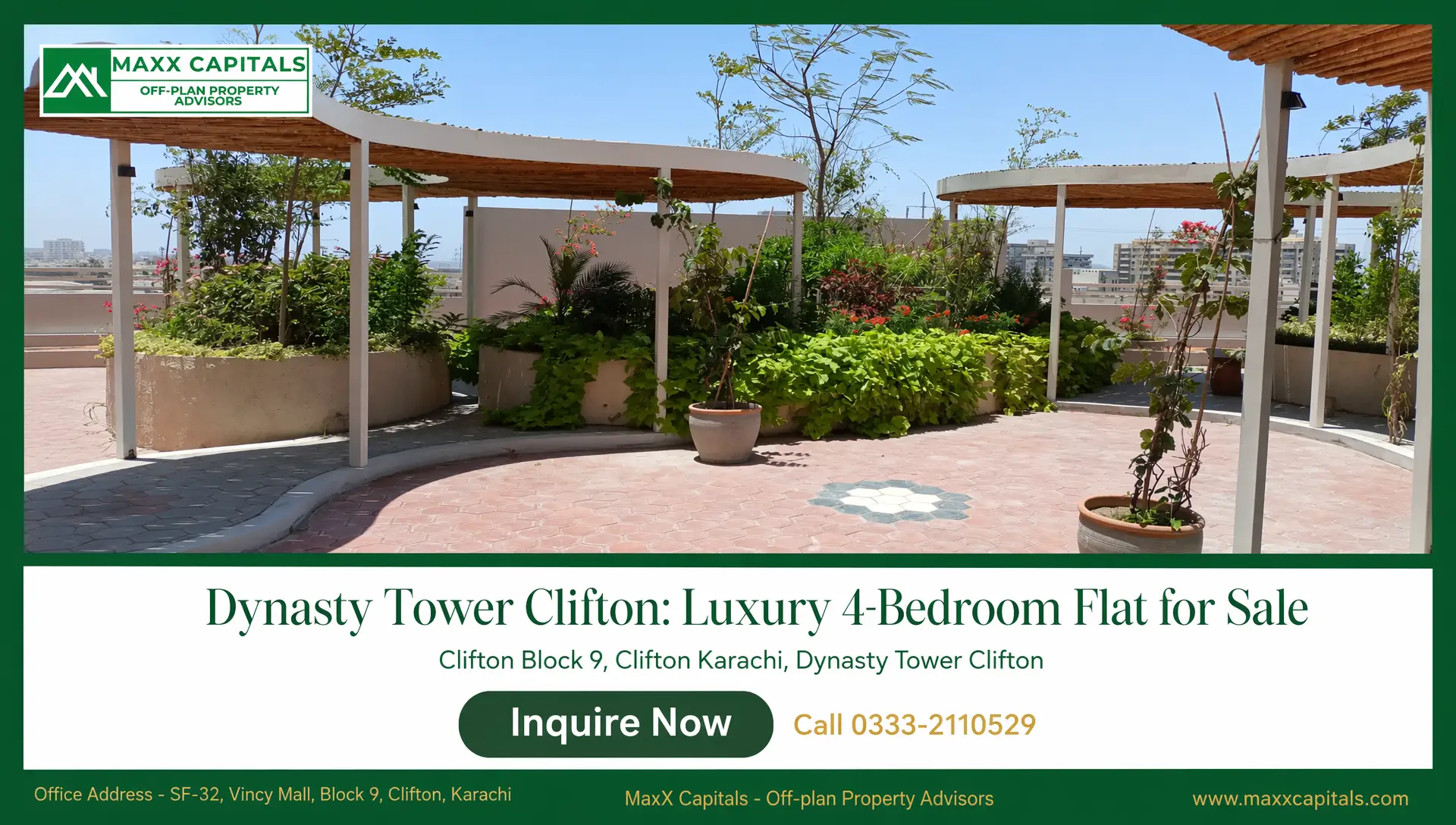 Dynasty Tower Clifton Luxury 4-Bedroom Flat for Sale (9) Landscaped rooftop terrace at Dynasty Tower Clifton with pergola seating areas and potted plants