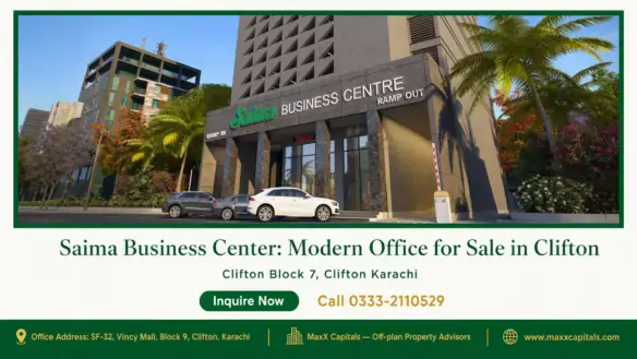Main facade of Saima Business Center in Clifton, featuring modern architecture, polished stone finishes, and greenery.
