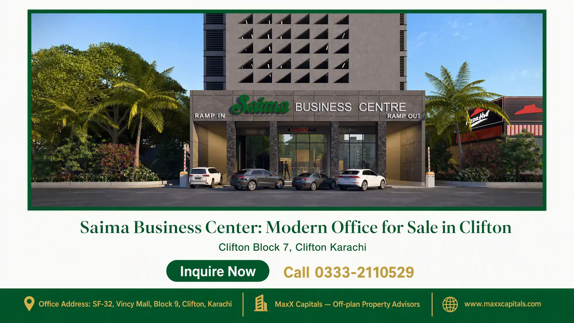 Saima Business Center: Modern Office for Sale in Clifton Modern facade of Saima Business Center in Clifton with palm trees, parking area, and a clear entrance.