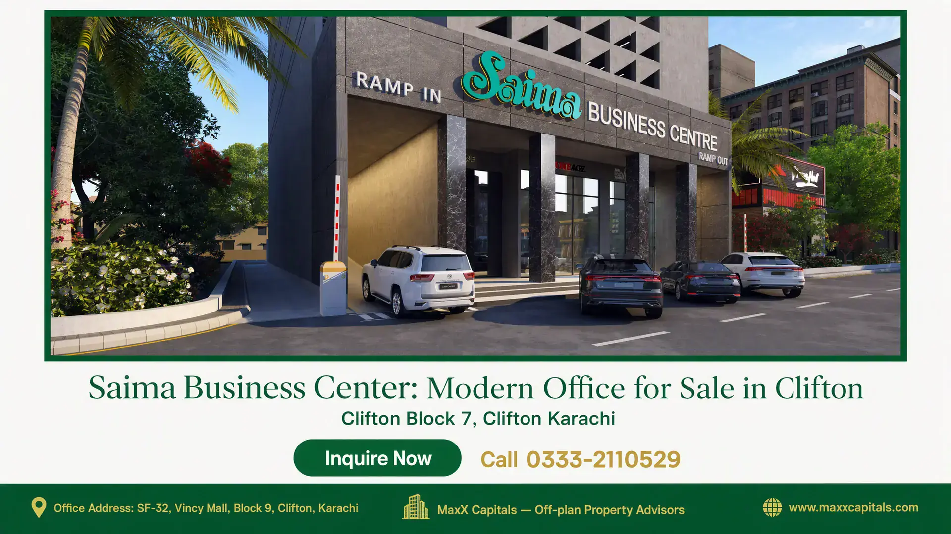 Saima Business Center: Modern Office for Sale in Clifton Modern entrance of Saima Business Center with vehicle parking, clear signage, and landscaped greenery in Clifton Karachi.