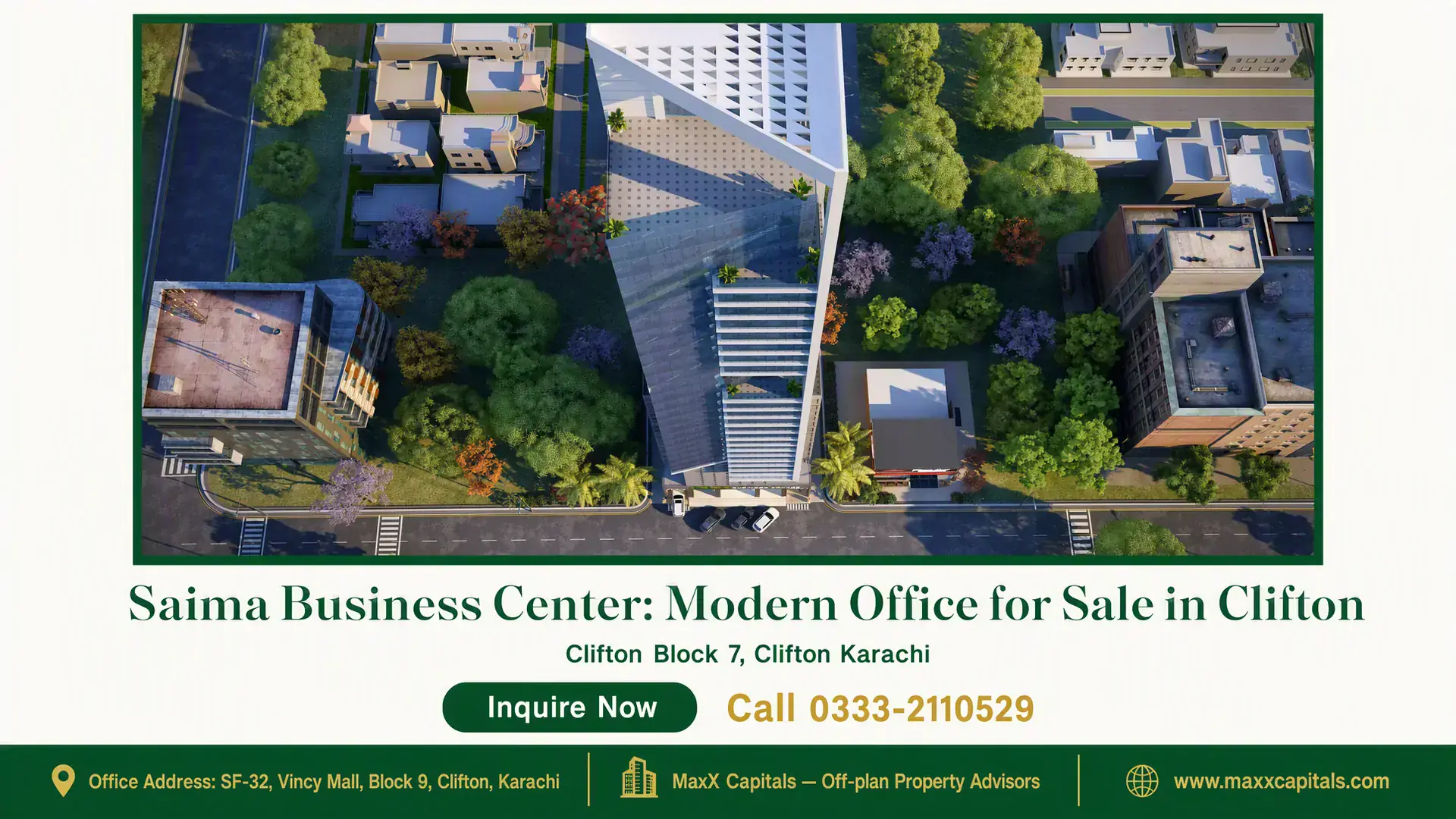 Saima Business Center: Modern Office for Sale in Clifton Aerial view of Saima Business Center in Clifton, featuring modern triangular architecture and surrounding green landscaping.